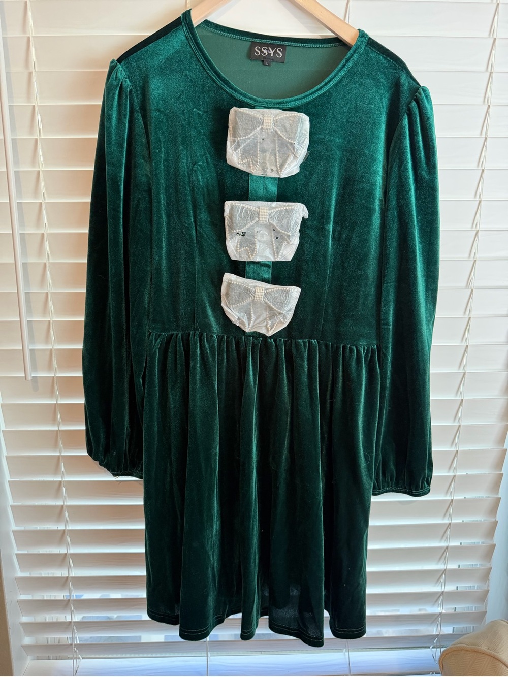 SSYS Green Velvet Formal Dress with White Bow Accents - Brand New!